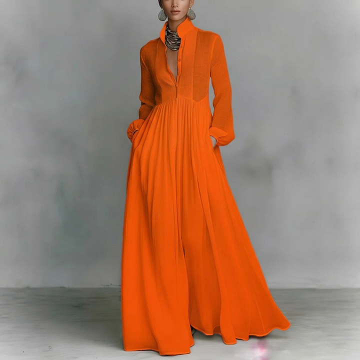 Maxi-jurk met lange mouwen en plooien in Franse stijl voor dames