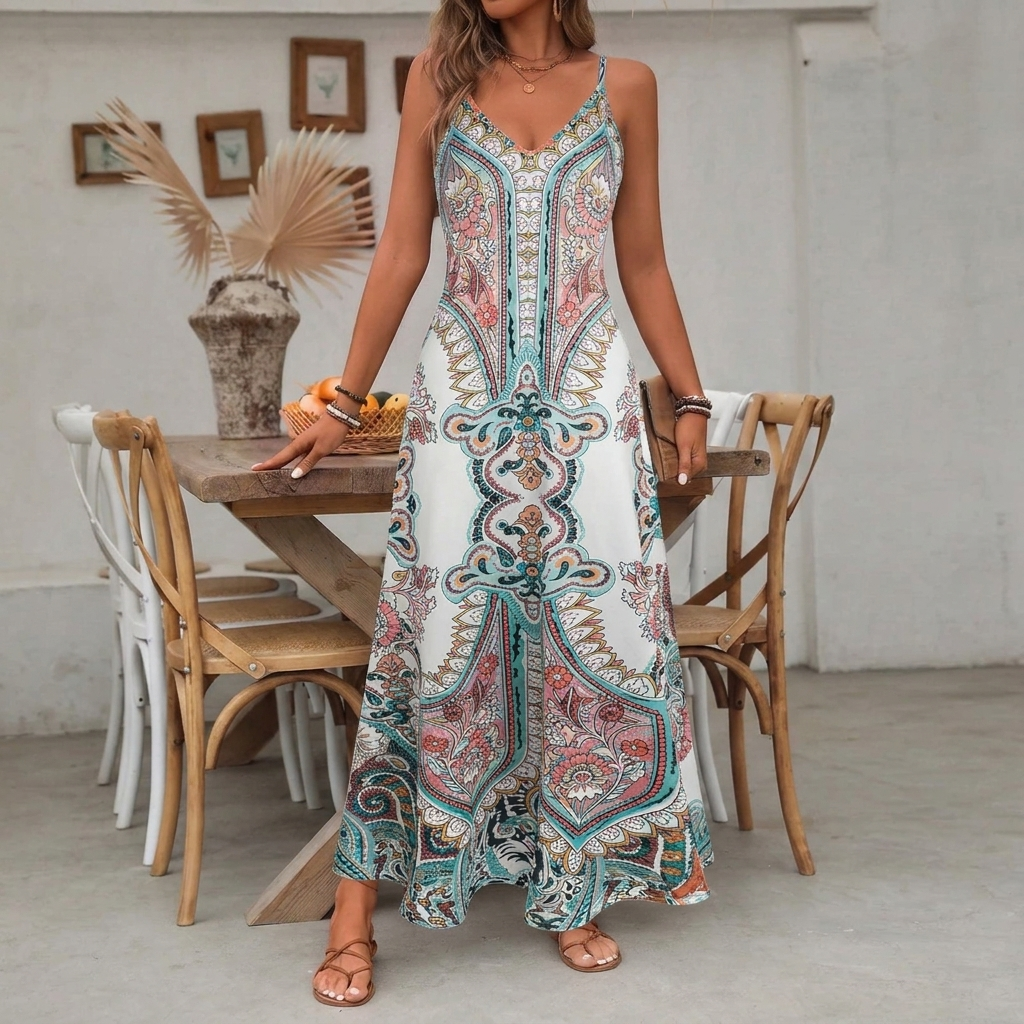 Boho maxi-slipjurk met V-hals en print voor dames