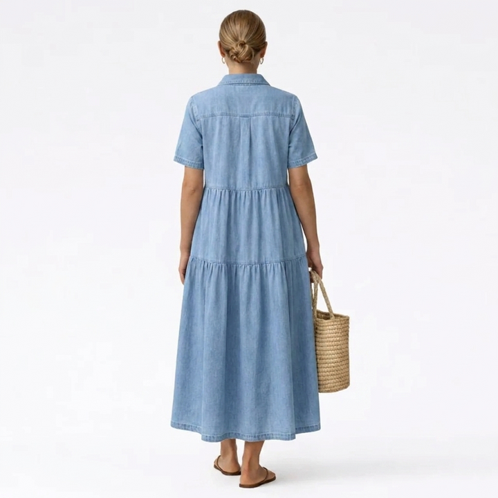 Midi-jurk met denimprint – casual snit met knoopsluiting aan de voorkant