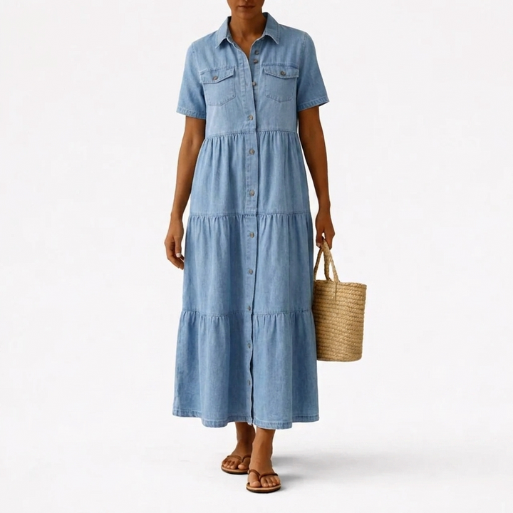 Midi-jurk met denimprint – casual snit met knoopsluiting aan de voorkant