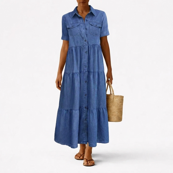 Midi-jurk met denimprint – casual snit met knoopsluiting aan de voorkant