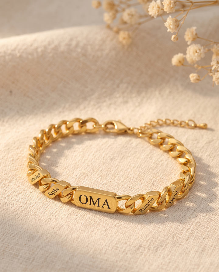 Gepersonaliseerde familieschakelarmband met gegraveerde namen – zilver of goud
