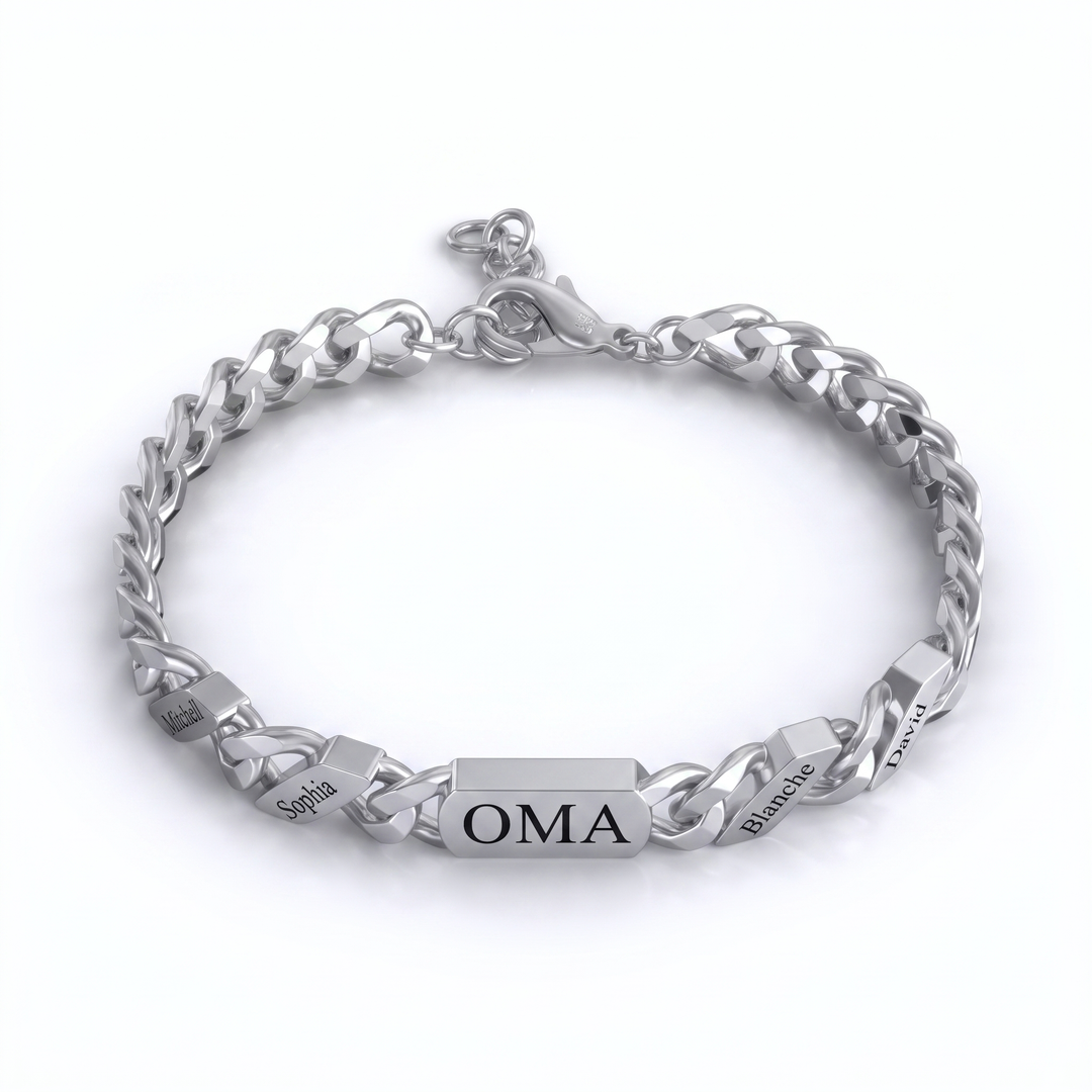 Gepersonaliseerde familieschakelarmband met gegraveerde namen – zilver of goud