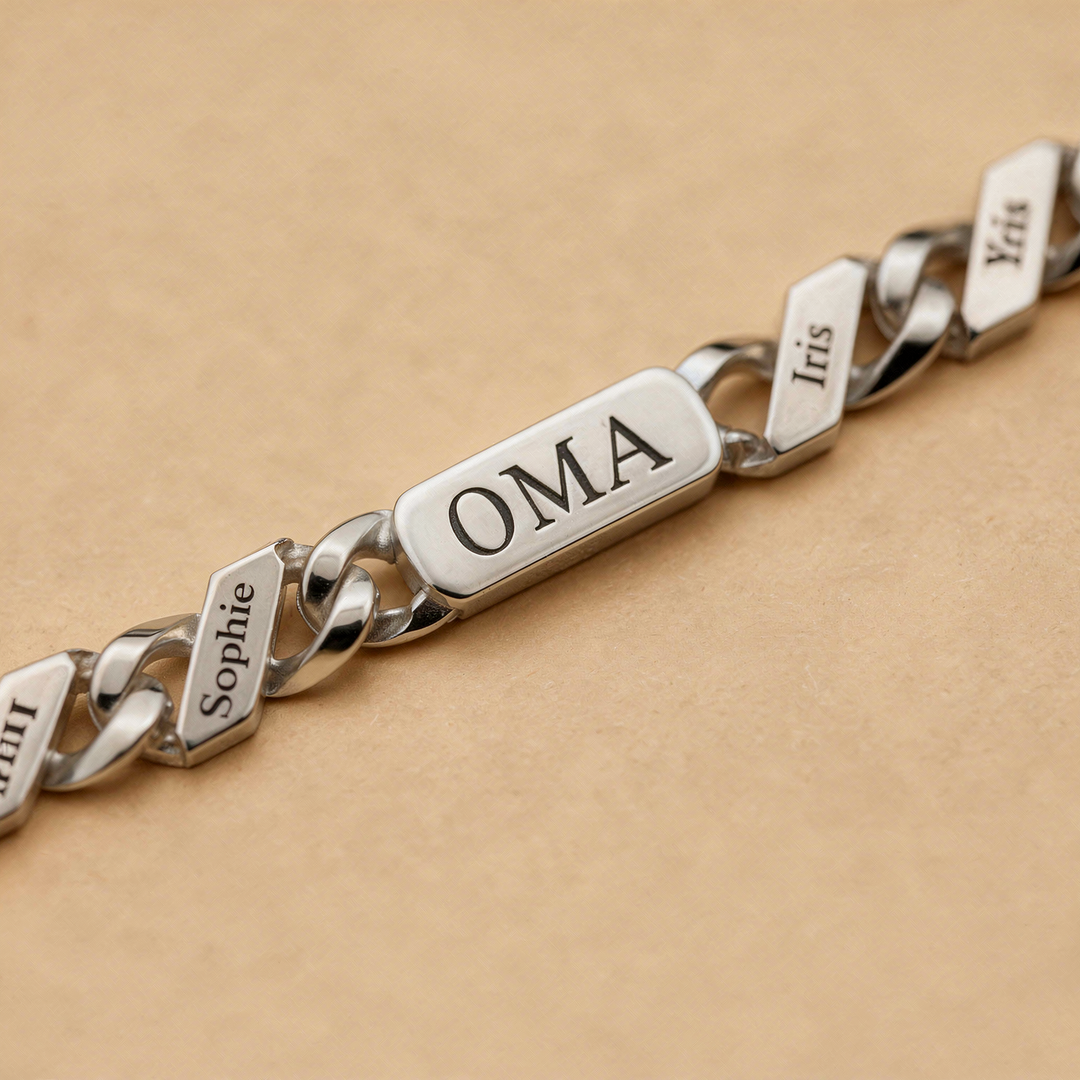 Gepersonaliseerde familieschakelarmband met gegraveerde namen – zilver of goud