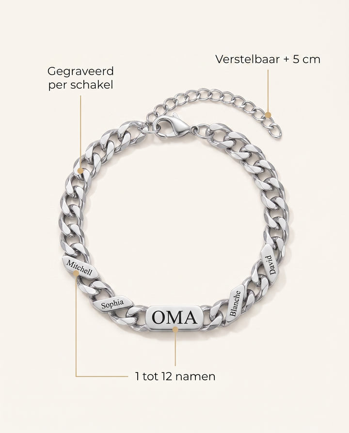 Gepersonaliseerde familieschakelarmband met gegraveerde namen – zilver of goud