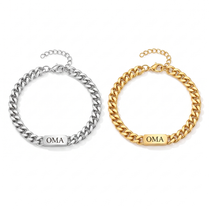 Gepersonaliseerde familieschakelarmband met gegraveerde namen – zilver of goud