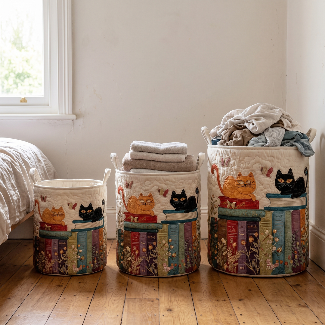Gewatteerde wasmand met kattenpatroon, opvouwbare stoffen wasmand met handvatten