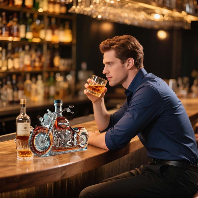 Whiskeykaraf in de Vorm van een Harley Motor voor de Thuisbar