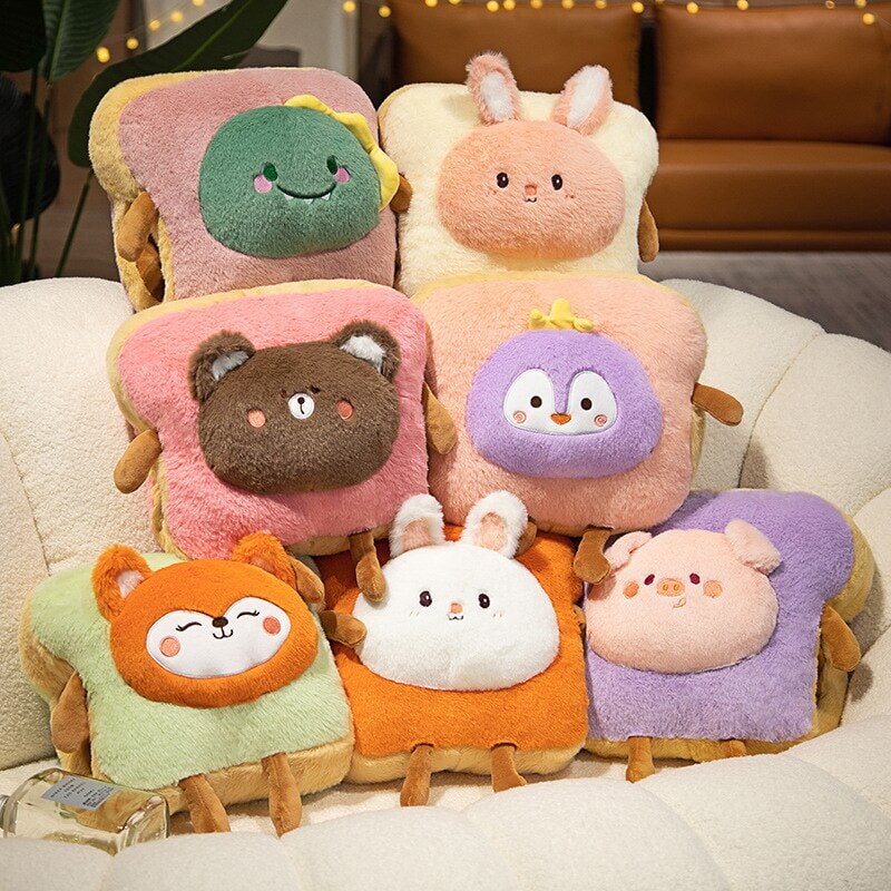 Zachte pluche handwarmer als toast met schattig dier