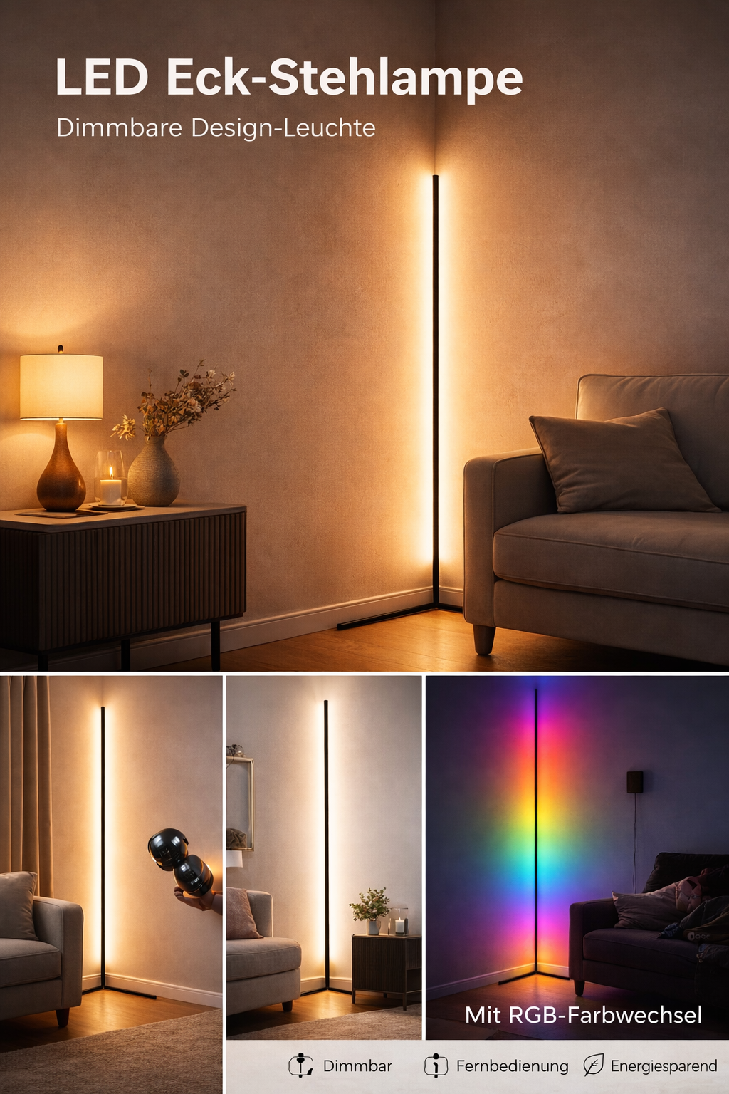 Led-hoekvloerlamp met afstandsbediening: dimbaar, modern design, indirect licht