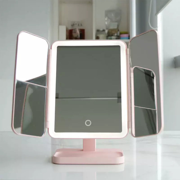 Opvouwbare led-make-upspiegel met instelbare verlichting en ruimtebesparende vouw