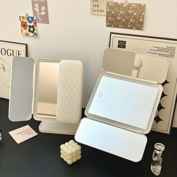 Opvouwbare led-make-upspiegel met instelbare verlichting en ruimtebesparende vouw
