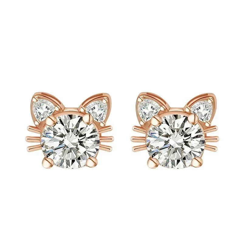 Moissanite Roze Gouden Kat Stud Oorbellen in Sterling Zilver