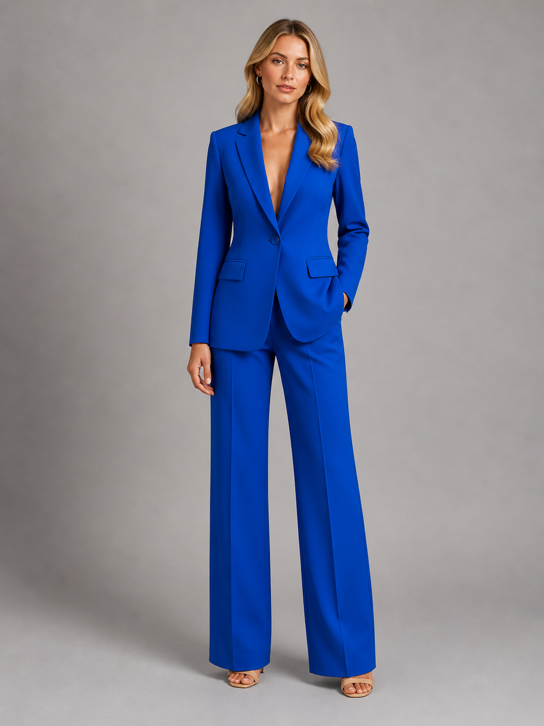 Tweedelig dames pantalonpak met blazer en broek met wijde pijpen.