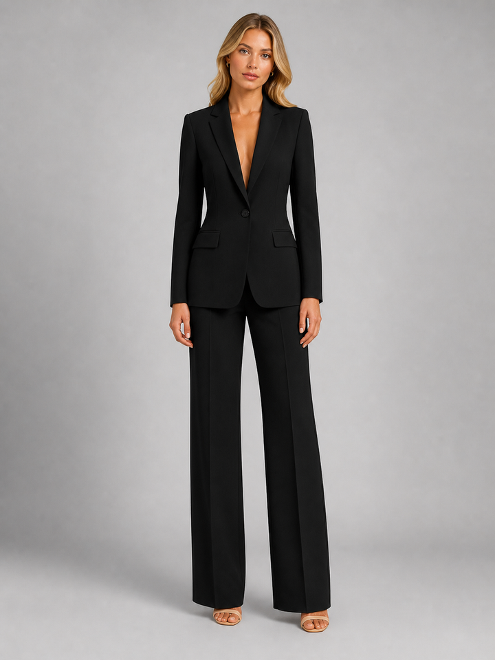 Tweedelig dames pantalonpak met blazer en broek met wijde pijpen.