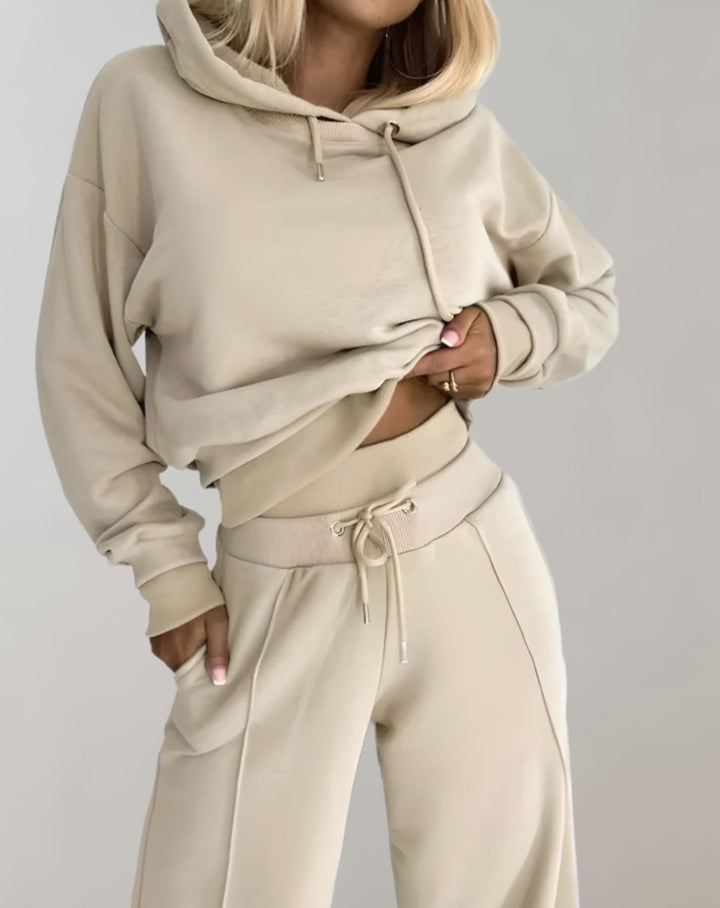 Tweedelige hoodie- en broekset met wijde pijpen voor dames – loungewear van katoenmix
