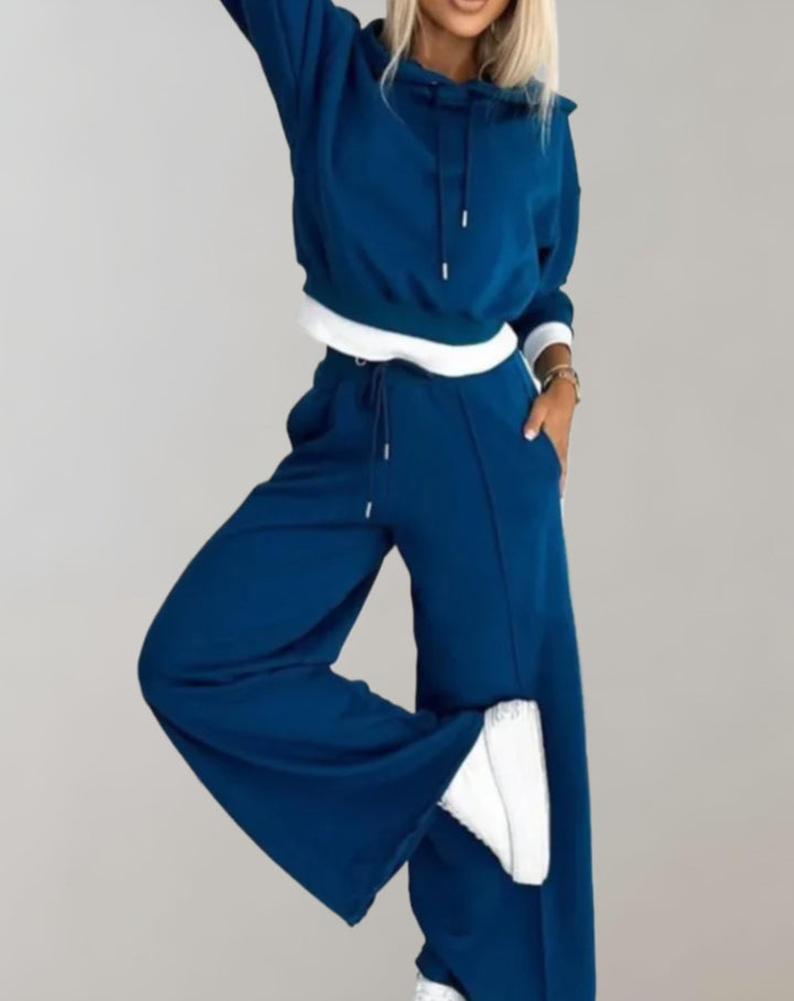 Tweedelige hoodie- en broekset met wijde pijpen voor dames – loungewear van katoenmix