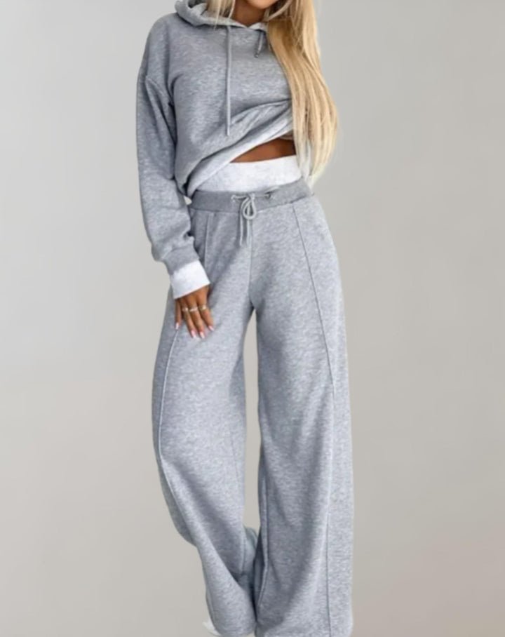 Tweedelige hoodie- en broekset met wijde pijpen voor dames – loungewear van katoenmix