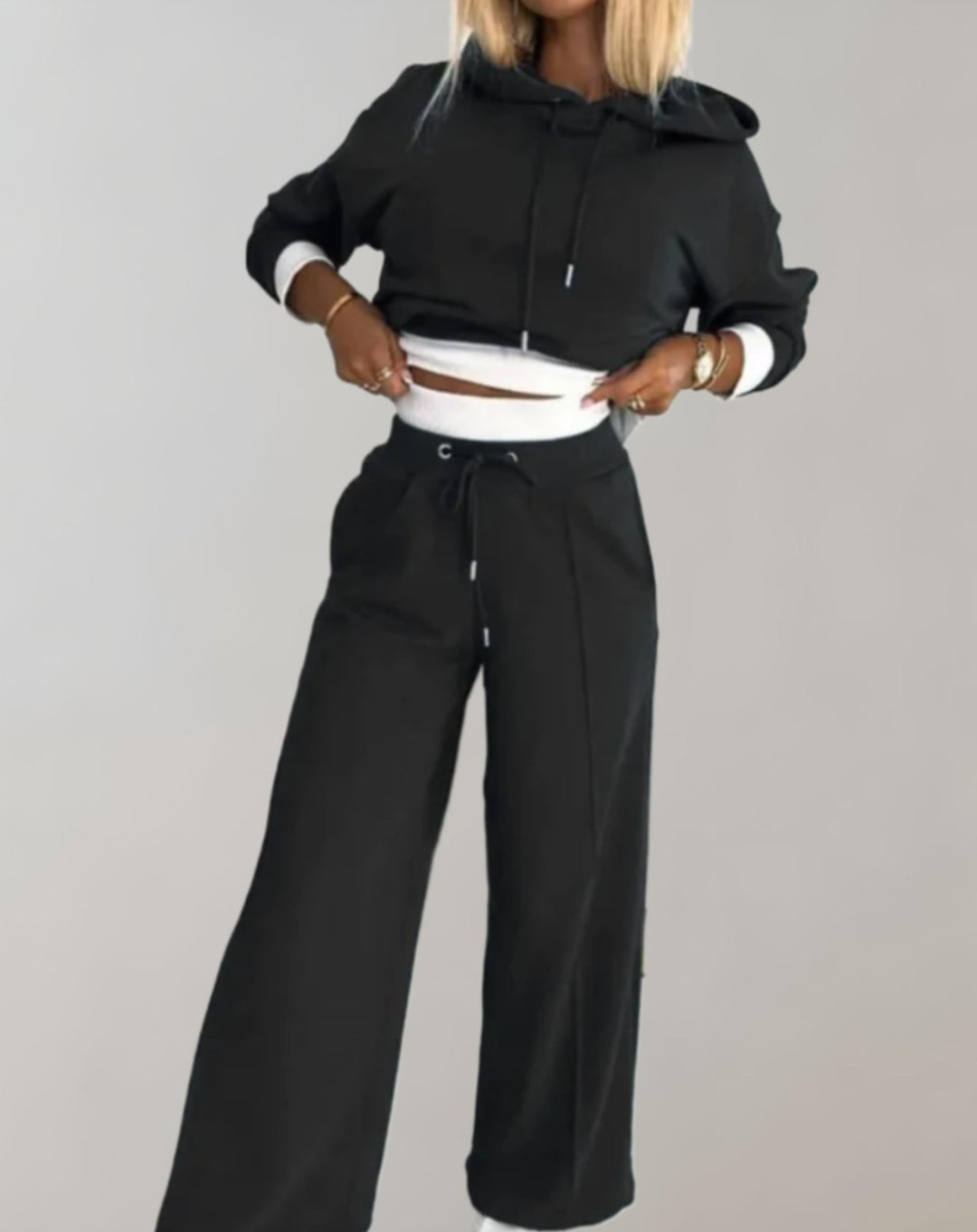 Tweedelige hoodie- en broekset met wijde pijpen voor dames – loungewear van katoenmix