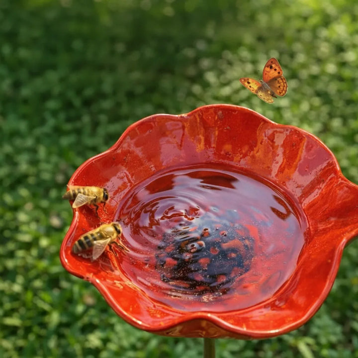 Metalen klaproos-vogeldrinkplaats op steker – tuin- en balkondecoratie, 60 cm