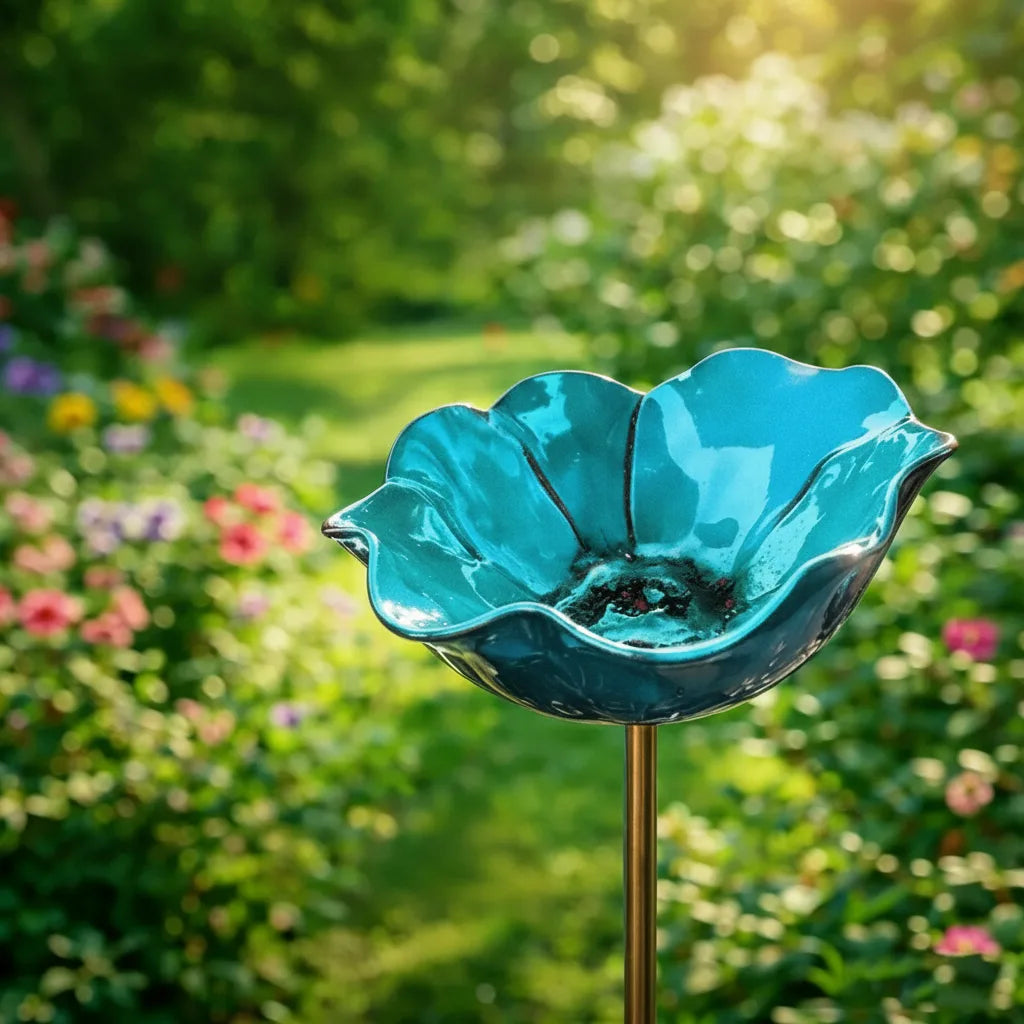 Metalen klaproos-vogeldrinkplaats op steker – tuin- en balkondecoratie, 60 cm