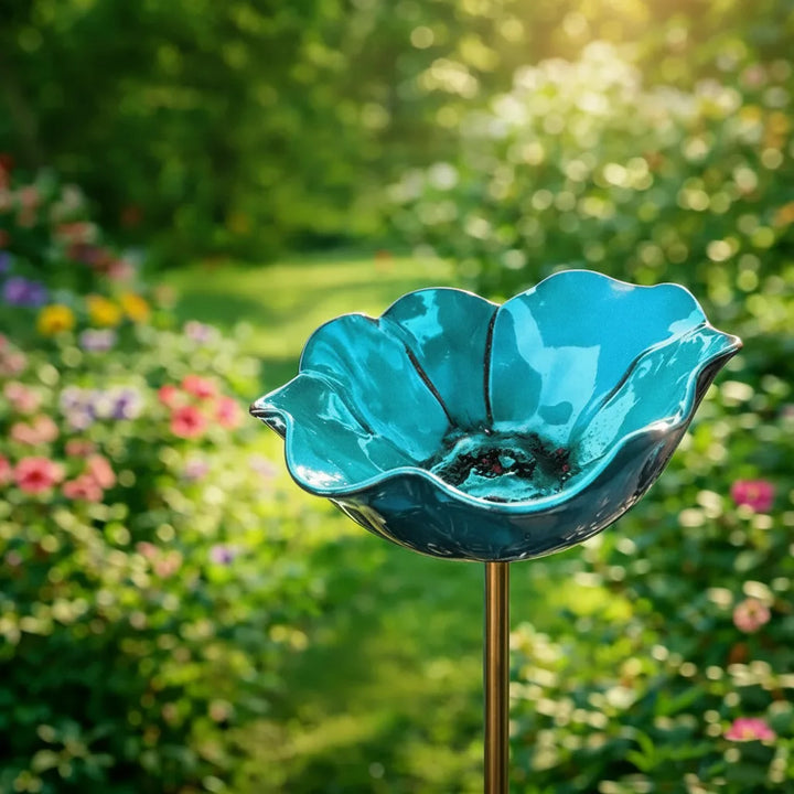 Metalen klaproos-vogeldrinkplaats op steker – tuin- en balkondecoratie, 60 cm