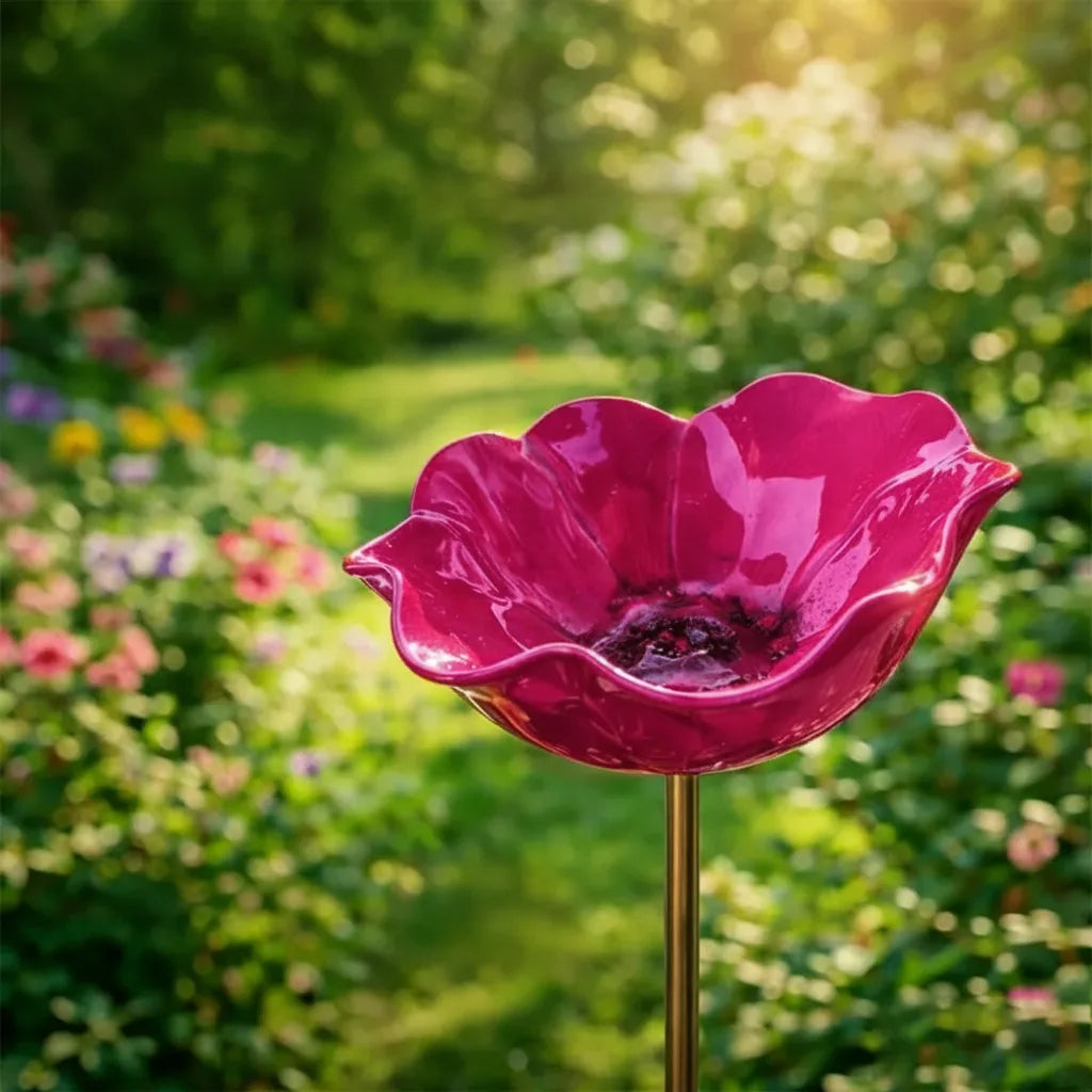 Metalen klaproos-vogeldrinkplaats op steker – tuin- en balkondecoratie, 60 cm