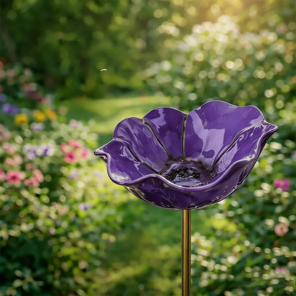Metalen klaproos-vogeldrinkplaats op steker – tuin- en balkondecoratie, 60 cm
