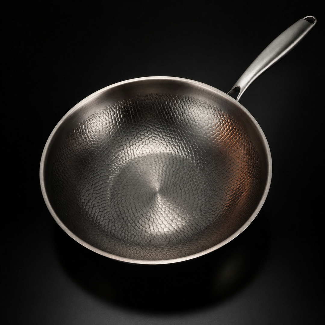 Gehamerde wokpan van titanium met platte bodem