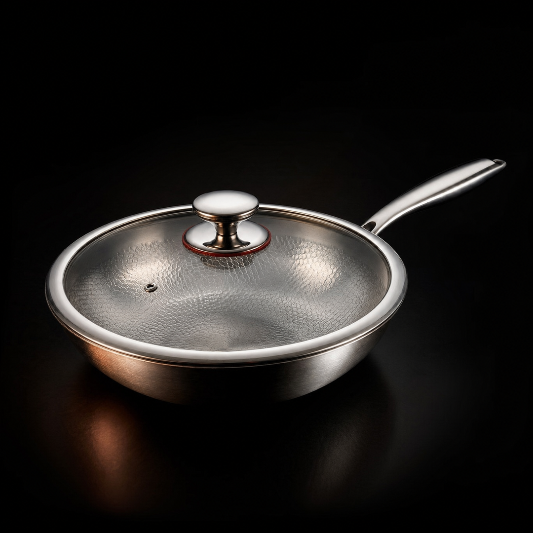 Gehamerde wokpan van titanium met platte bodem