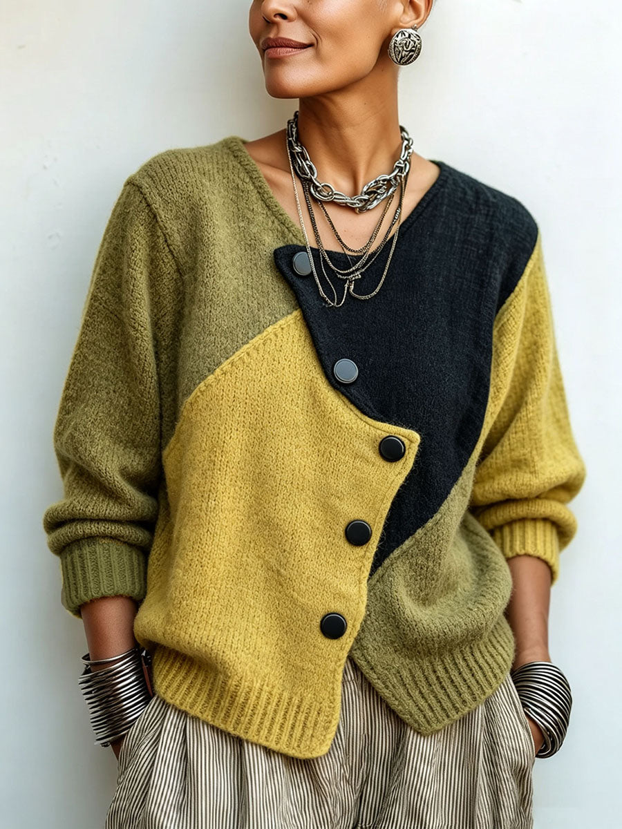 Dames colorblock gebreide trui met asymmetrische knopen, losse pasvorm