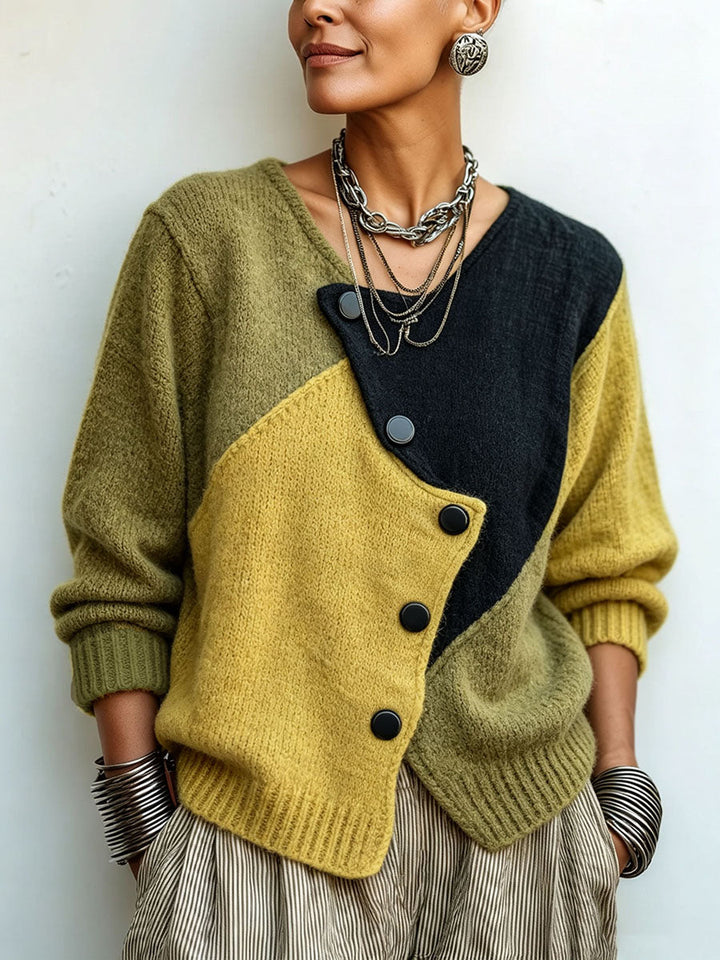 Dames colorblock gebreide trui met asymmetrische knopen, losse pasvorm