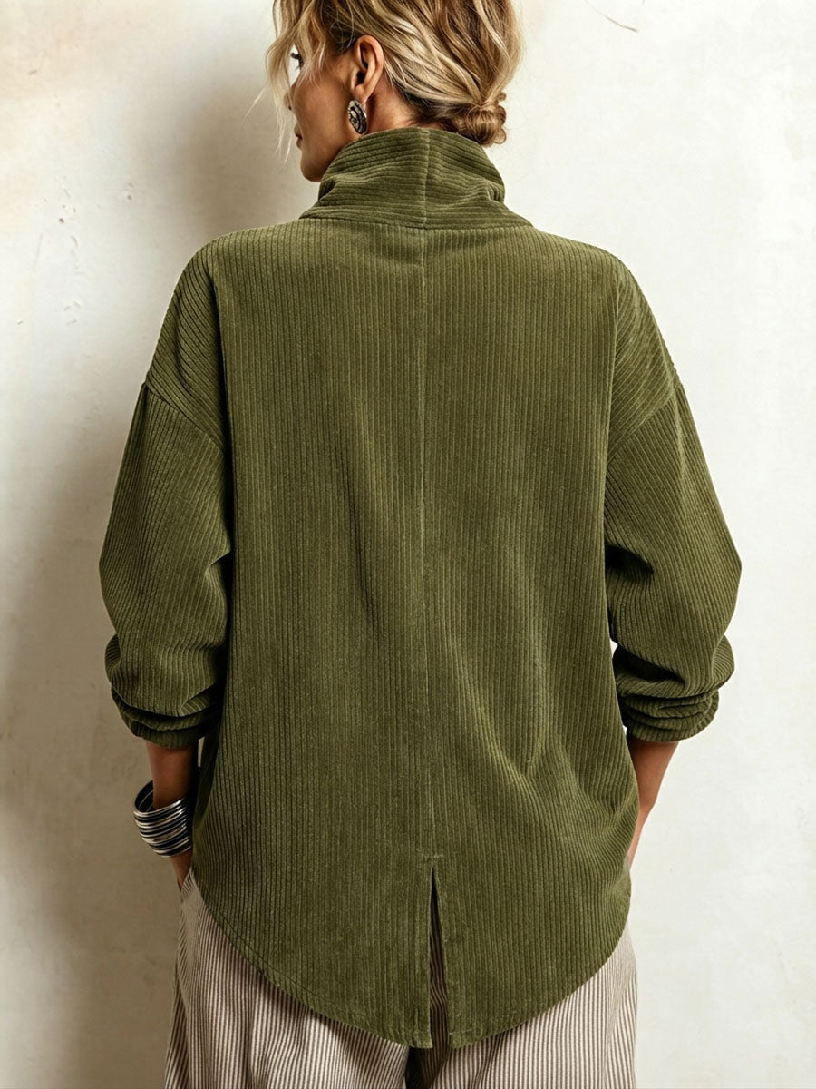 Dames corduroy sweatshirt met asymmetrische knoopsluiting en gedrapeerde sjaalkraag