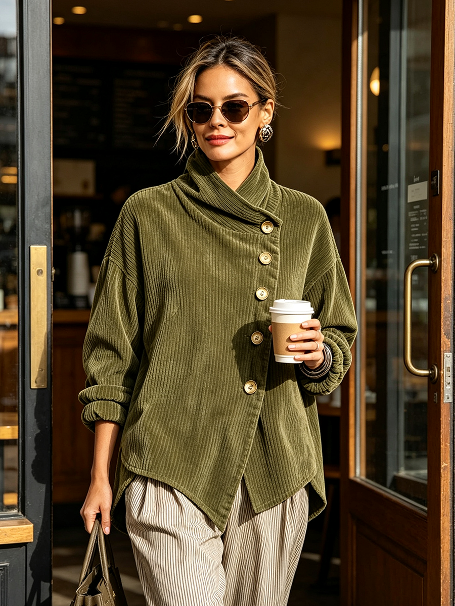 Dames corduroy sweatshirt met asymmetrische knoopsluiting en gedrapeerde sjaalkraag