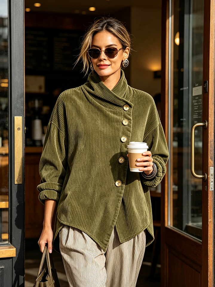 Dames corduroy sweatshirt met asymmetrische knoopsluiting en gedrapeerde sjaalkraag