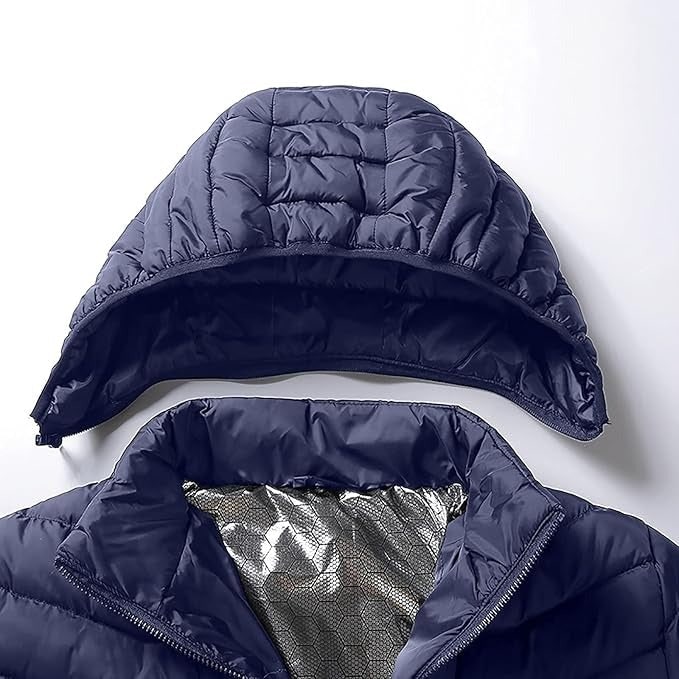Verwarmde pufferjas met 9 warmtezones en capuchon