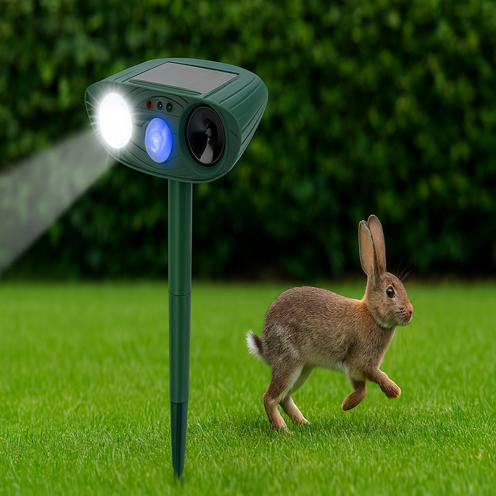 Zonne-energie ultrasone konijnenverjager, diervriendelijke tuinbescherming