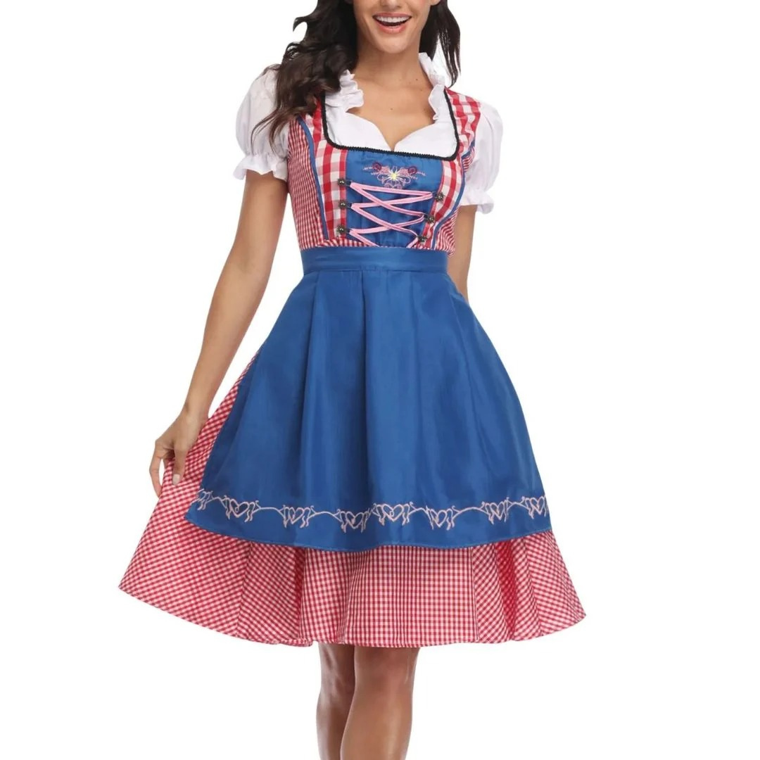 Geruite damesjurk met korset met rijgsluiting en schort, Oktoberfest midi