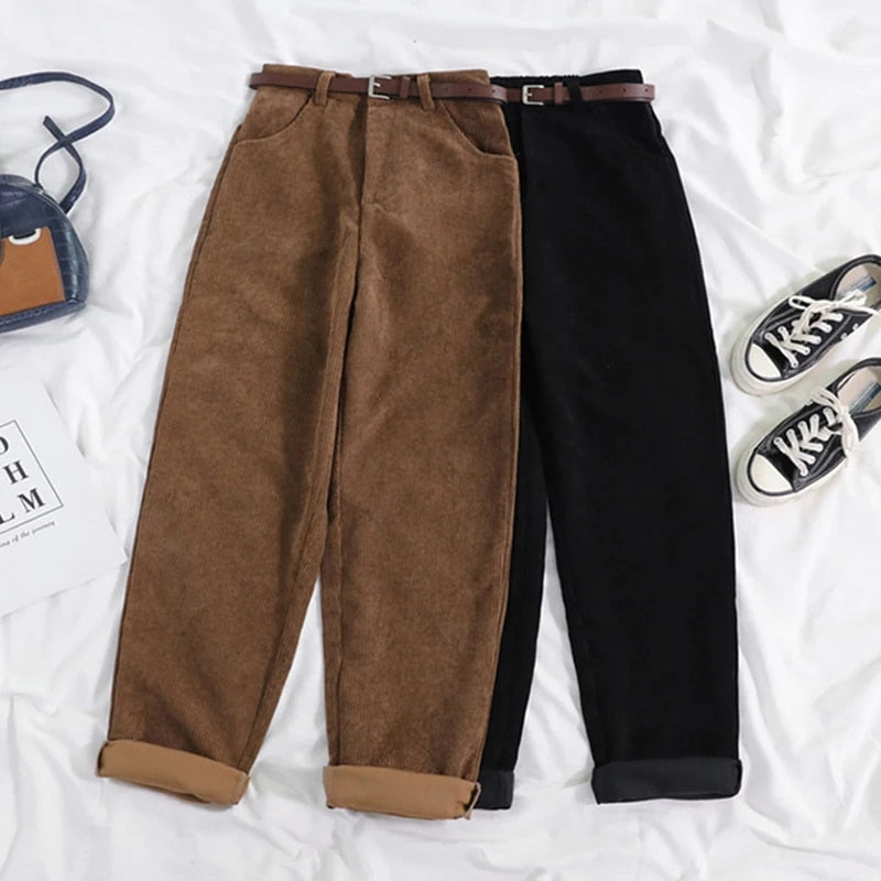 Corduroy Broek voor Dames met Hoge Taille en Relaxte Pasvorm