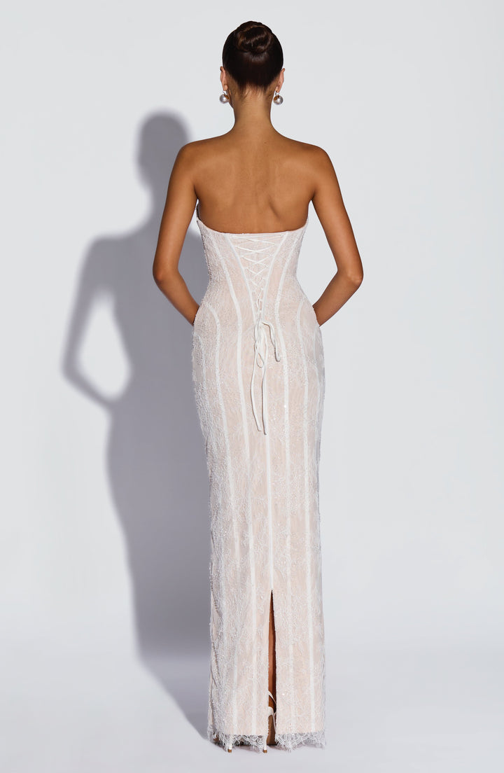 Strapless maxi-jurk met bloemenkant en korset