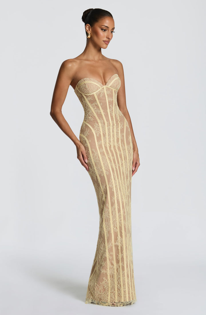 Strapless maxi-jurk met bloemenkant en korset