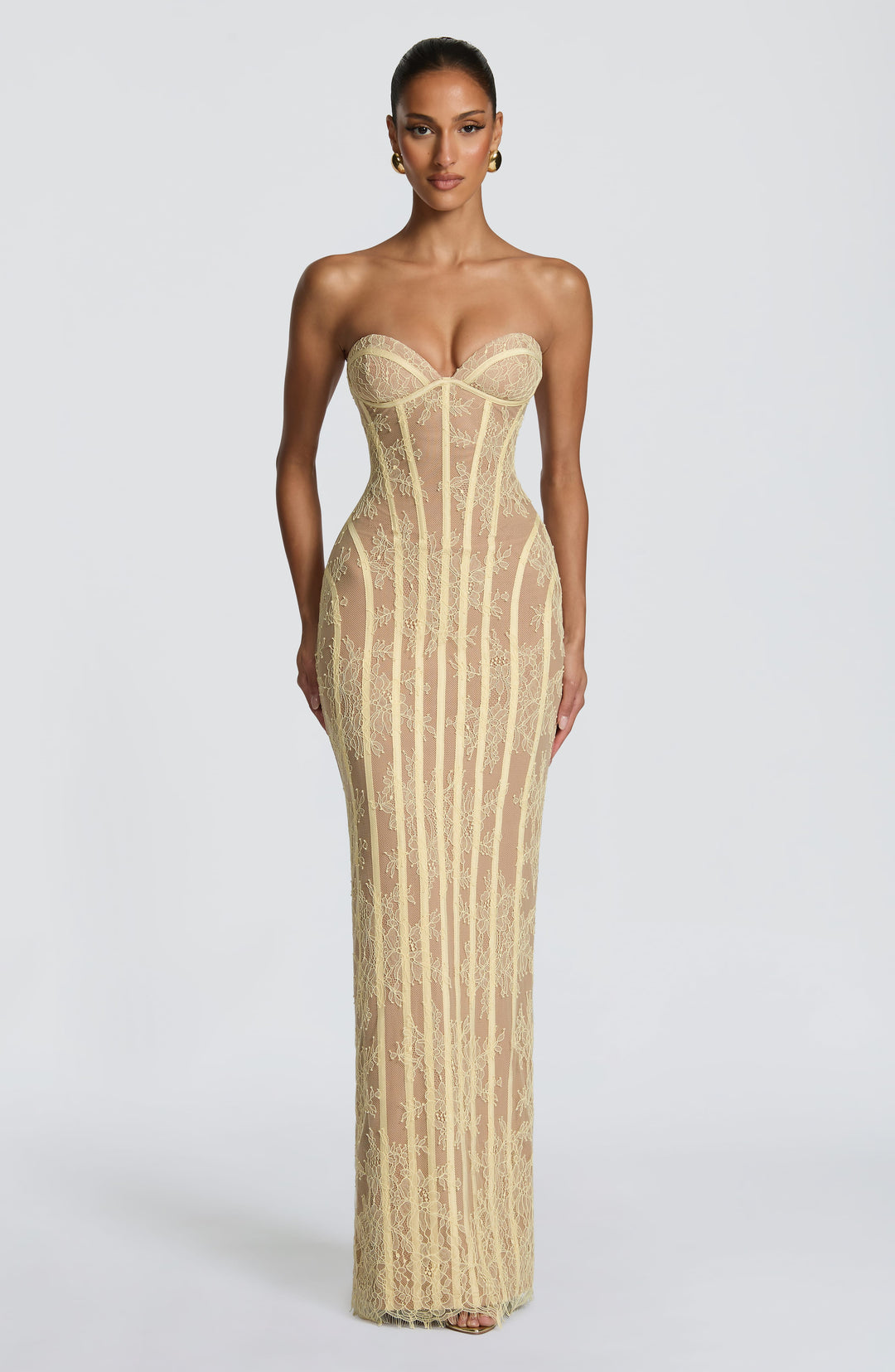 Strapless maxi-jurk met bloemenkant en korset