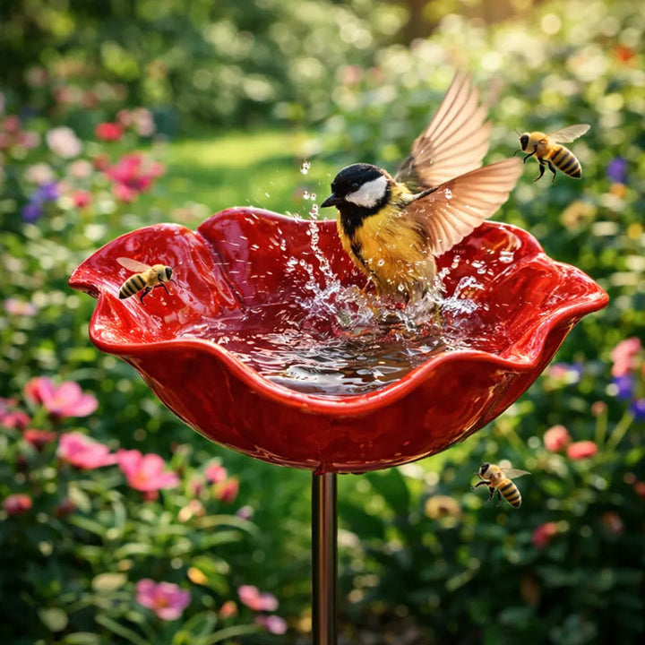 Metalen klaproos-vogeldrinkplaats op steker – tuin- en balkondecoratie, 60 cm