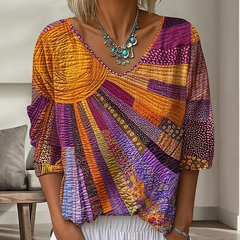 Dames retro patchwork blouse met V-hals