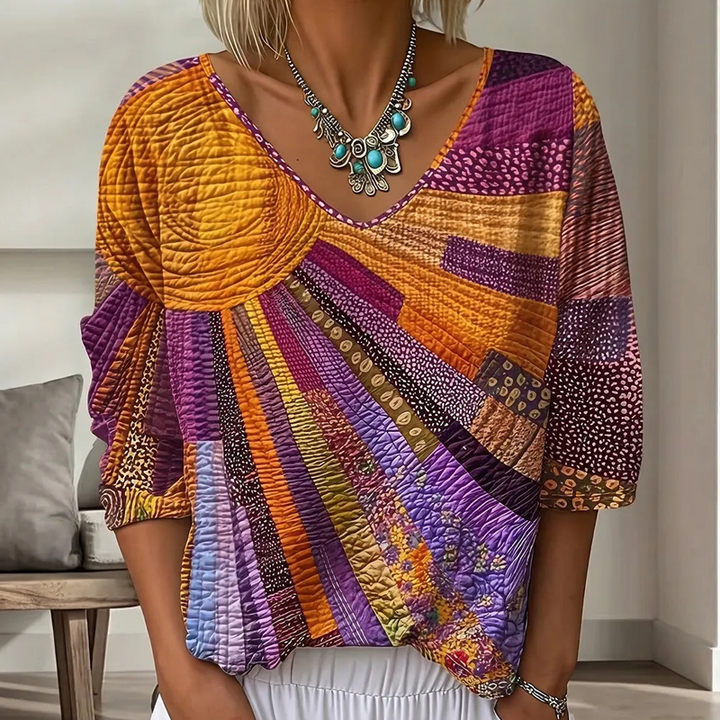 Dames retro patchwork blouse met V-hals