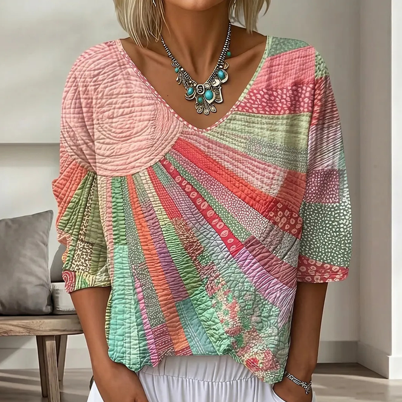 Dames retro patchwork blouse met V-hals