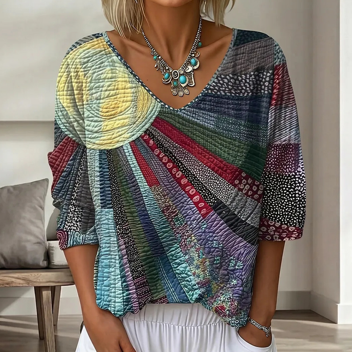 Dames retro patchwork blouse met V-hals