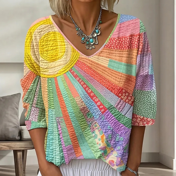 Dames retro patchwork blouse met V-hals