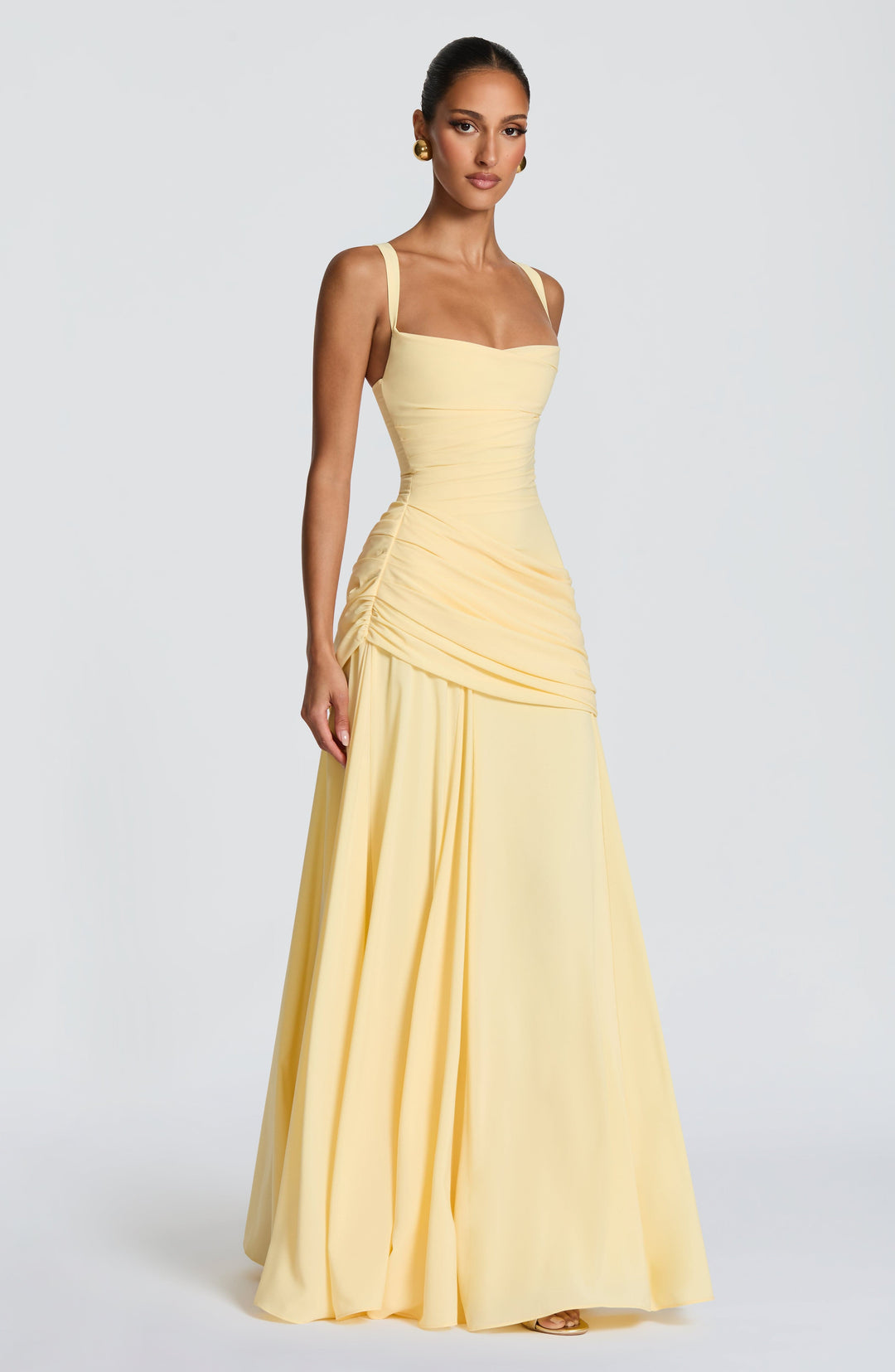 Destiny maxi-jurk van chiffon met waterval-hals en rugveter