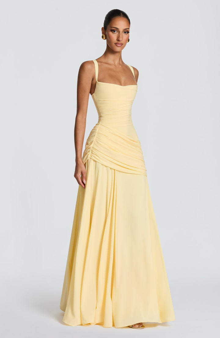 Destiny maxi-jurk van chiffon met waterval-hals en rugveter